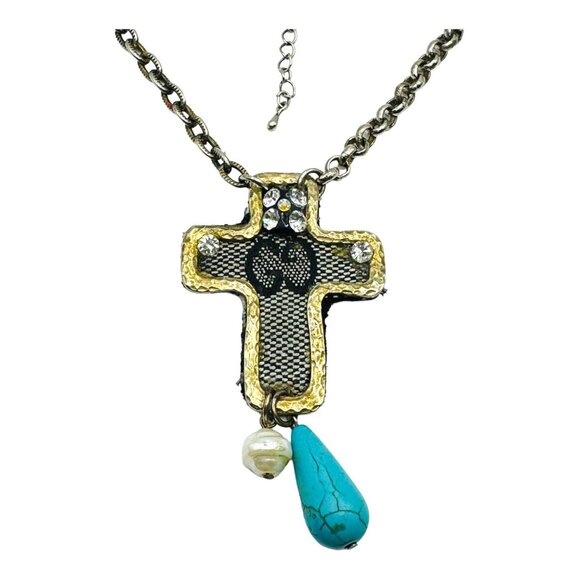 Luxury Logo Upcycled Canvas Bag Necklace with Vintage Cross Necklace W/ Pearl - Picture 4 of 17